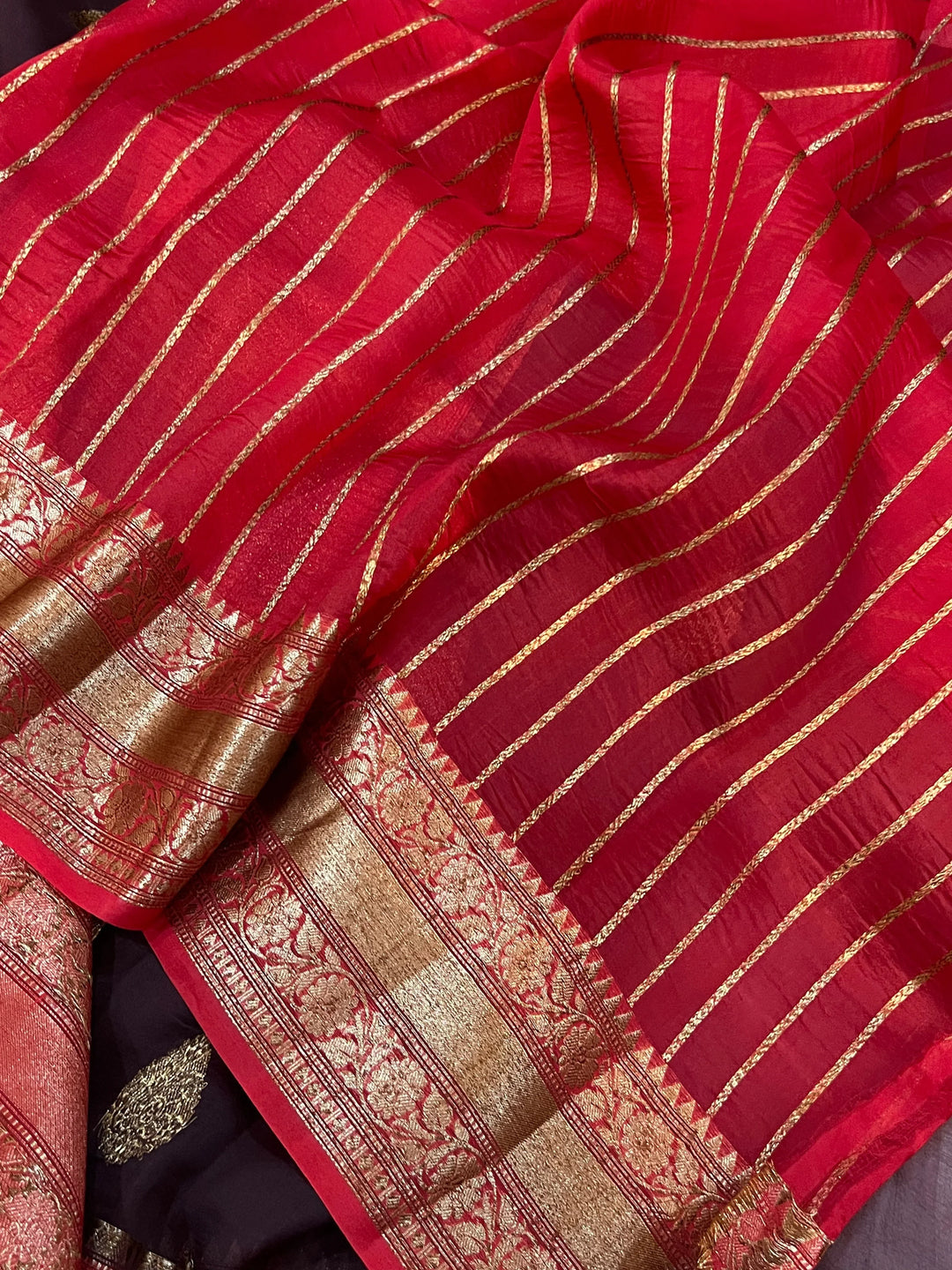 Brown Banarasi Handloom Kora Silk Saree - Aura Benaras