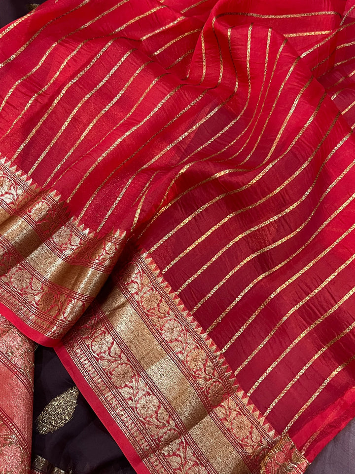 Brown Banarasi Handloom Kora Silk Saree - Aura Benaras