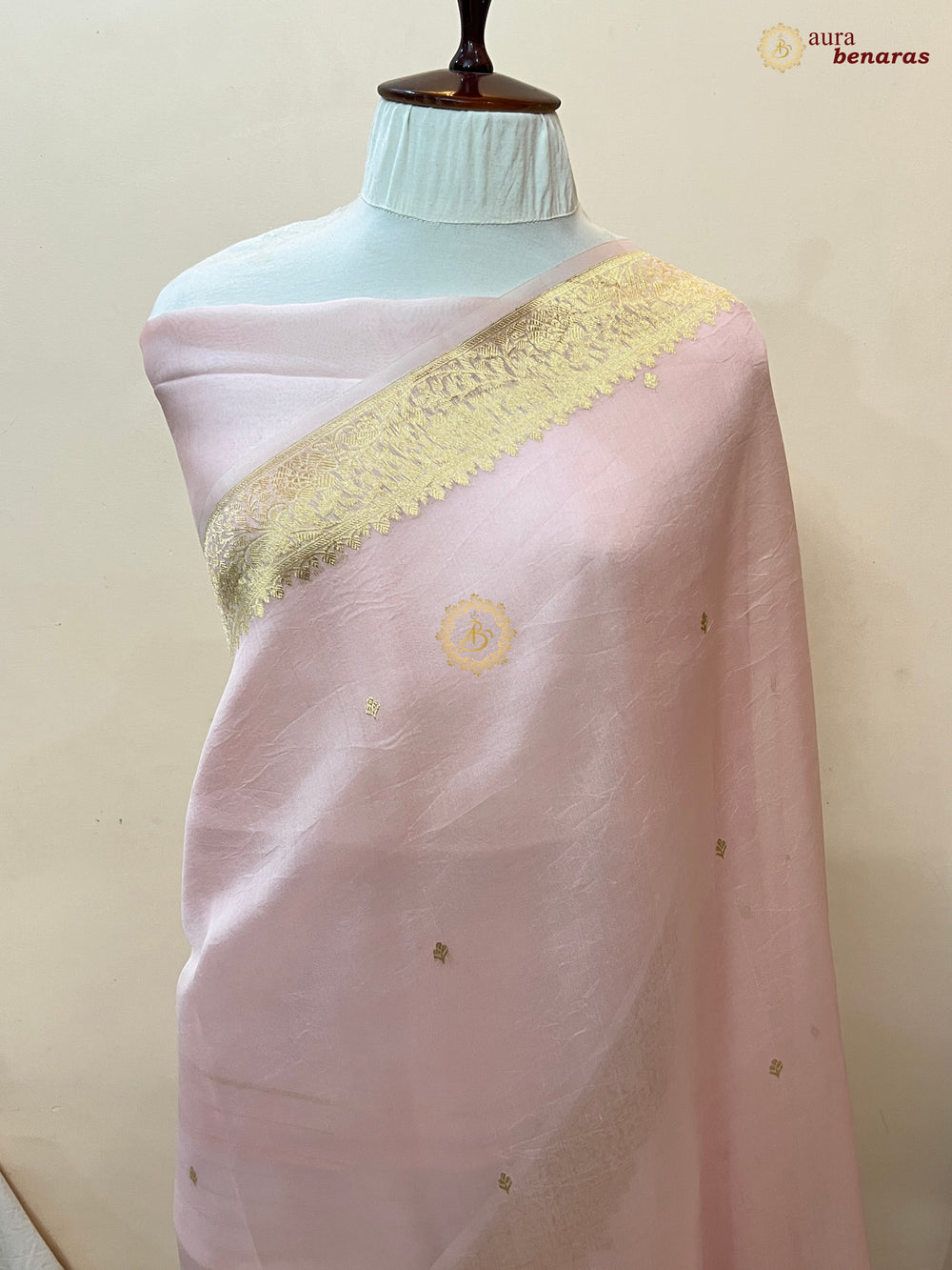 Pale Pink Pure Kora Silk Banarasi Saree with Zari Butis & Border