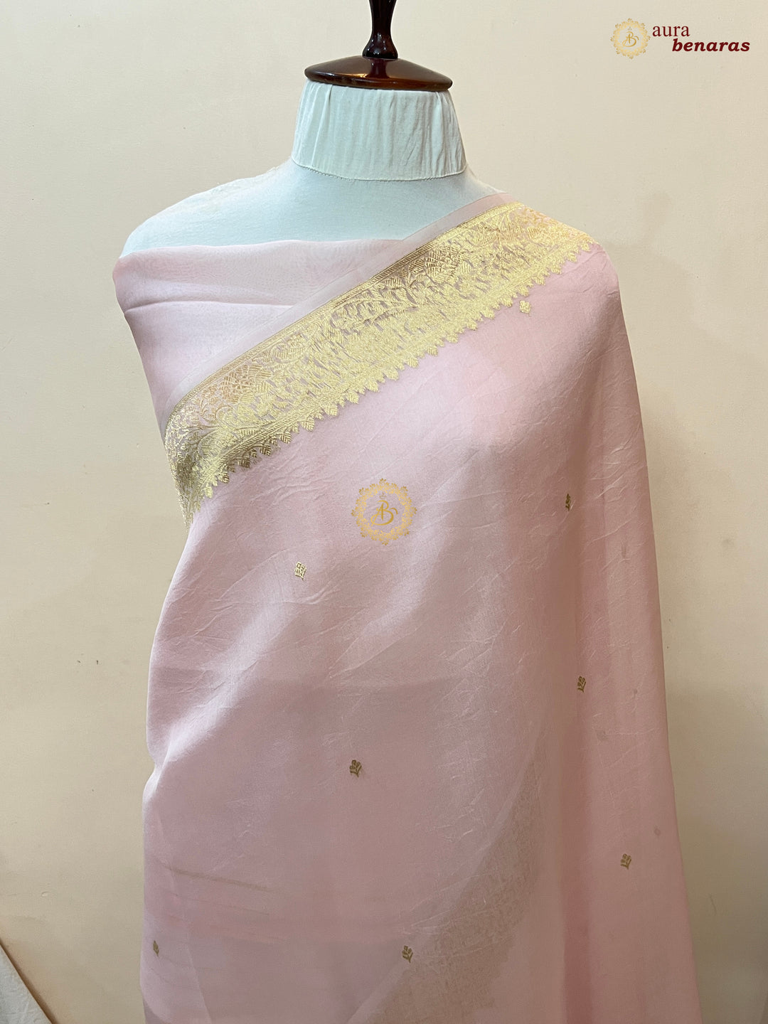 Pale Pink Pure Kora Silk Banarasi Saree with Zari Butis & Border