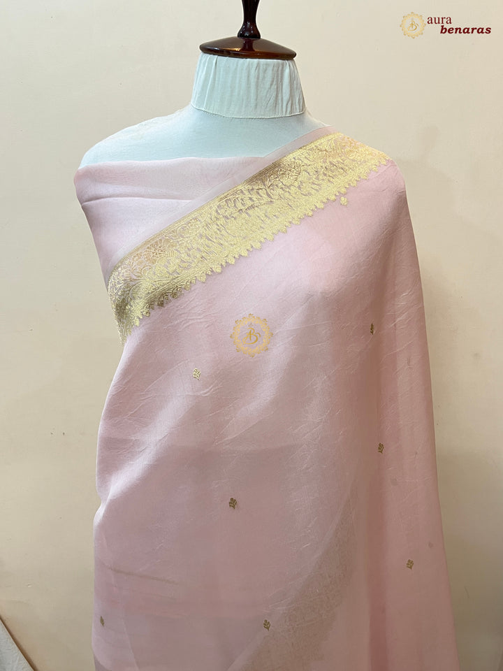 Pale Pink Pure Kora Silk Banarasi Saree with Zari Butis & Border