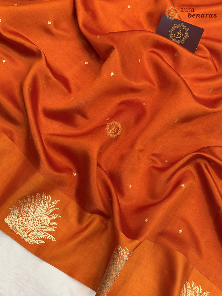 Orange Pure Katan Silk Banarasi Saree Kadhwa Leopard Motifs