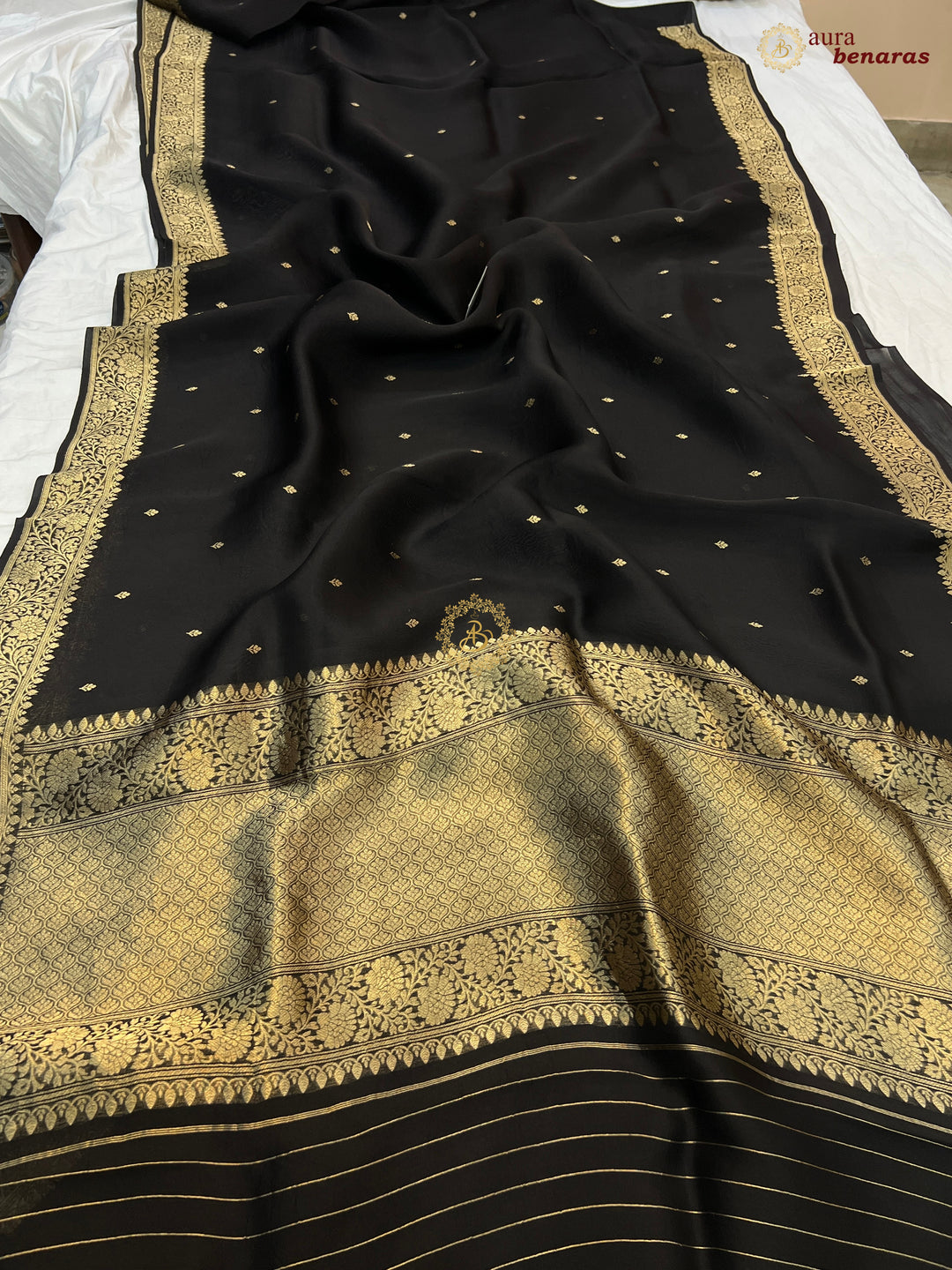 Black Pure Kora Silk Banarasi Saree with Zari Butis & Border