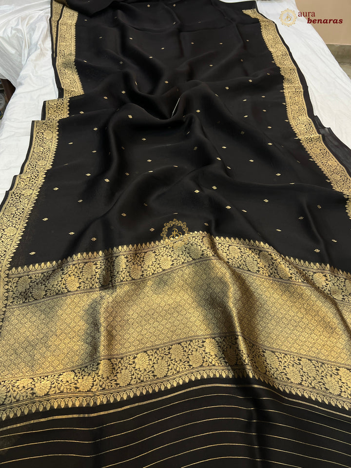 Black Pure Kora Silk Banarasi Saree with Zari Butis & Border