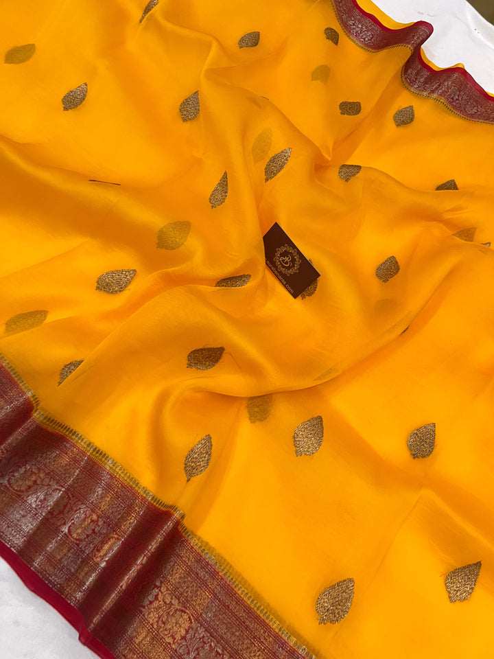 Yellow Banarasi Handloom Kora Silk Saree - Aura Benaras