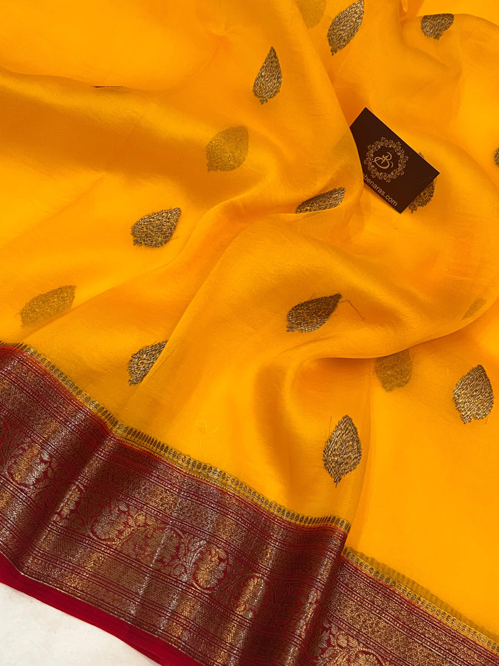 Yellow Banarasi Handloom Kora Silk Saree - Aura Benaras