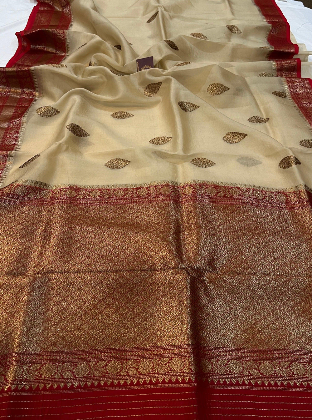 Beige Banarasi Handloom Kora Silk Saree - Aura Benaras