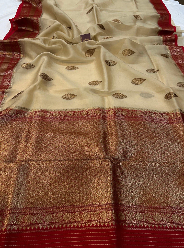 Beige Banarasi Handloom Kora Silk Saree - Aura Benaras
