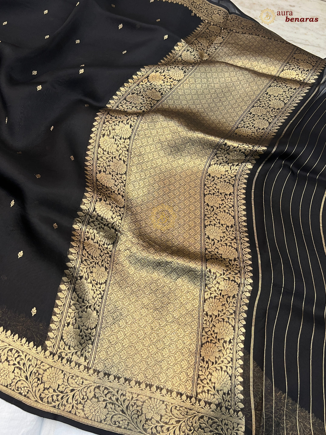 Black Pure Kora Silk Banarasi Saree with Zari Butis & Border