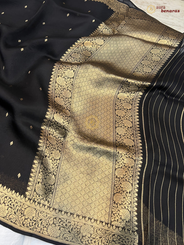 Black Pure Kora Silk Banarasi Saree with Zari Butis & Border