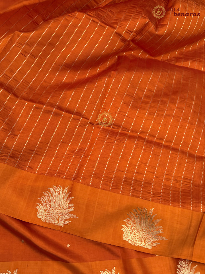 Orange Pure Katan Silk Banarasi Saree Kadhwa Leopard Motifs