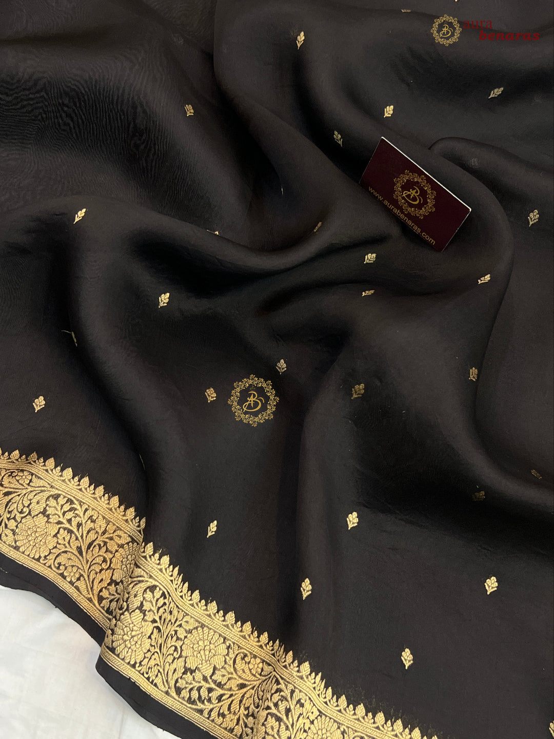 Black Pure Kora Silk Banarasi Saree with Zari Butis & Border