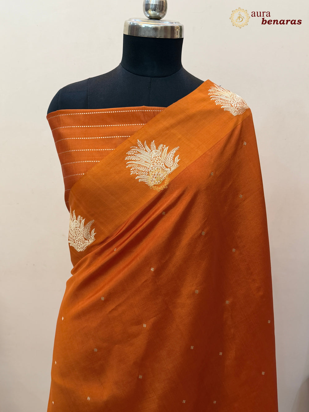 Orange Pure Katan Silk Banarasi Saree Kadhwa Leopard Motifs