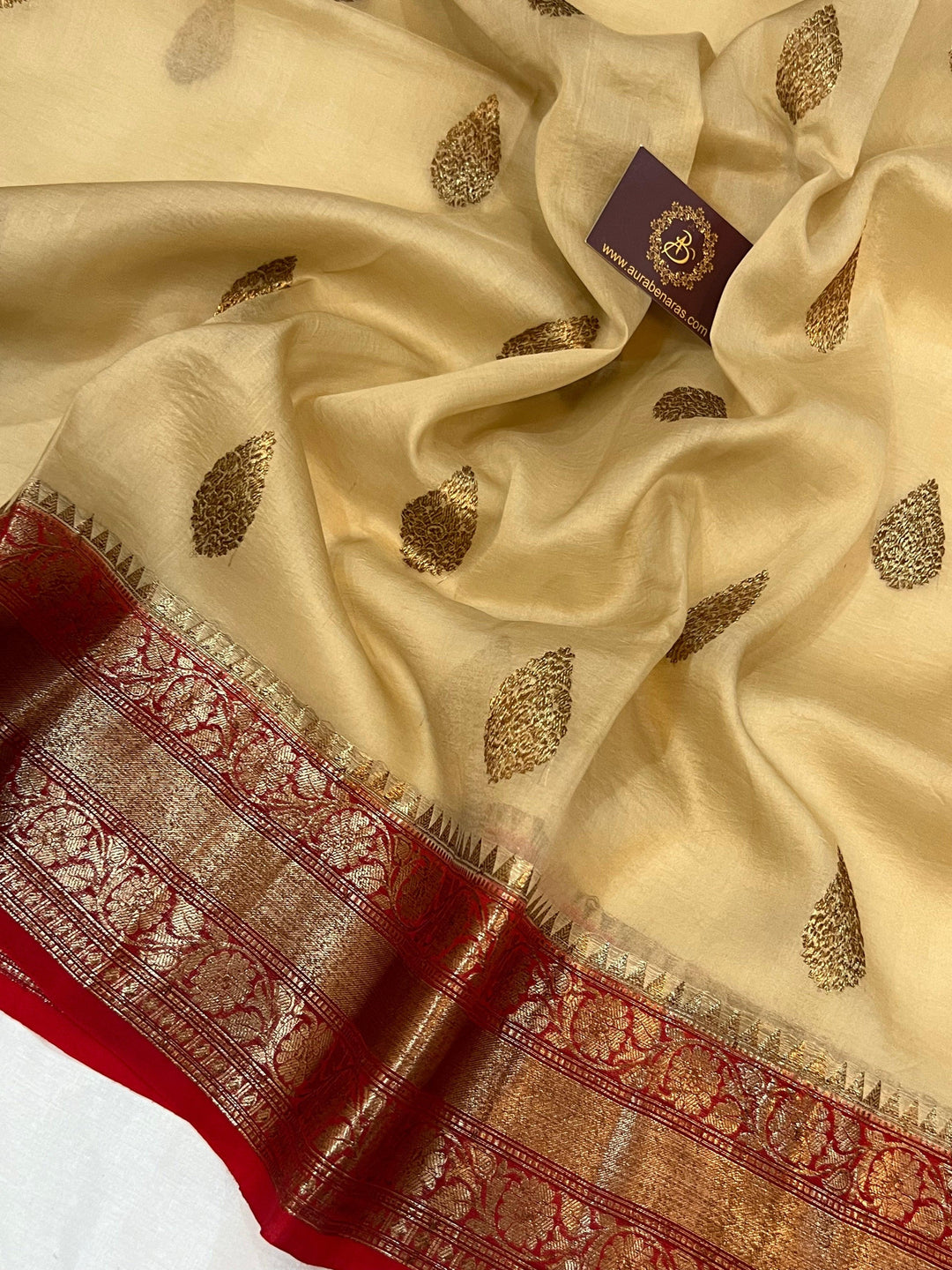 Beige Banarasi Handloom Kora Silk Saree - Aura Benaras