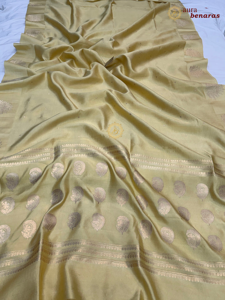 Cream Pure Katan Silk Banarasi Saree Kadhwa Leopard Motifs