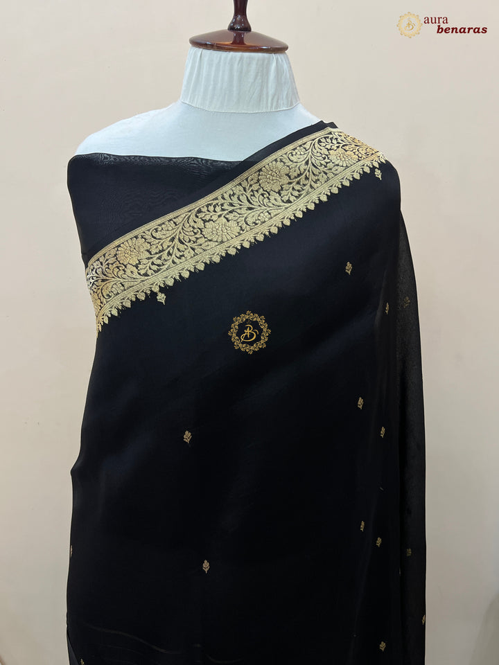Black Pure Kora Silk Banarasi Saree with Zari Butis & Border