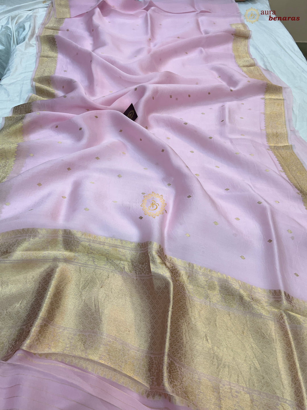 Baby Pink Pure Kora Silk Banarasi Saree with Zari Butis & Border