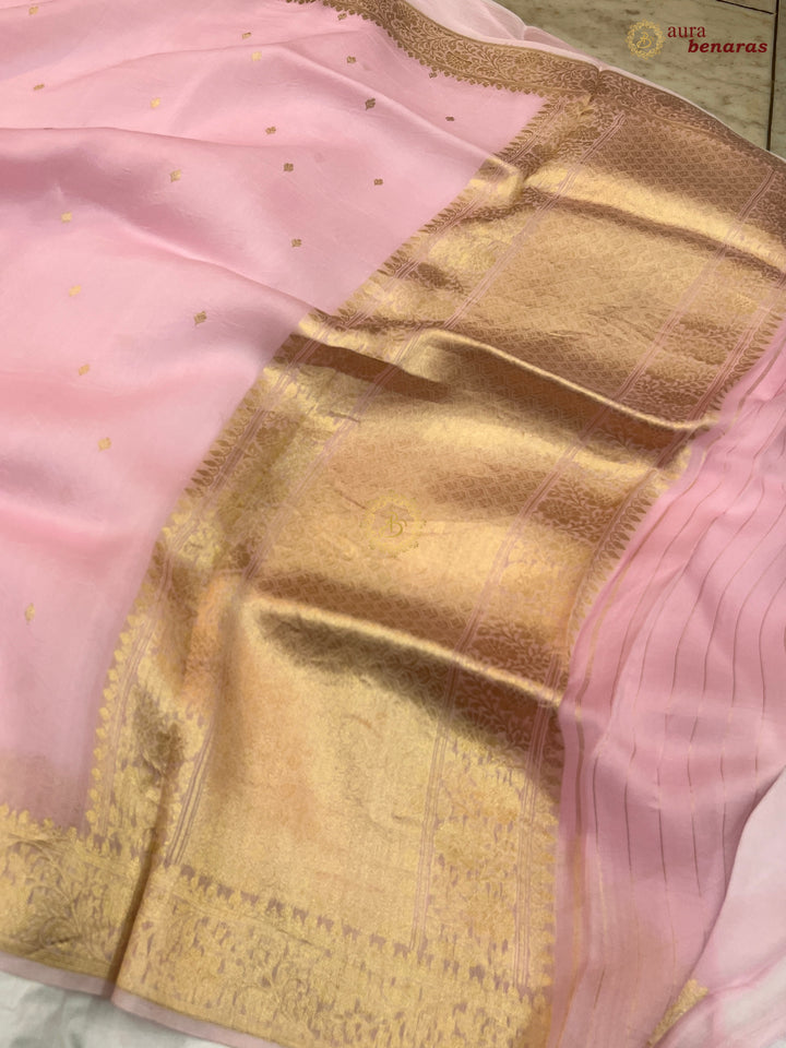 Baby Pink Pure Kora Silk Banarasi Saree with Zari Butis & Border