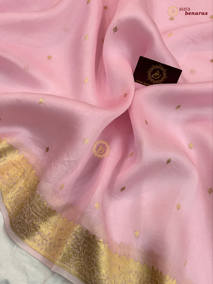 Baby Pink Pure Kora Silk Banarasi Saree with Zari Butis & Border