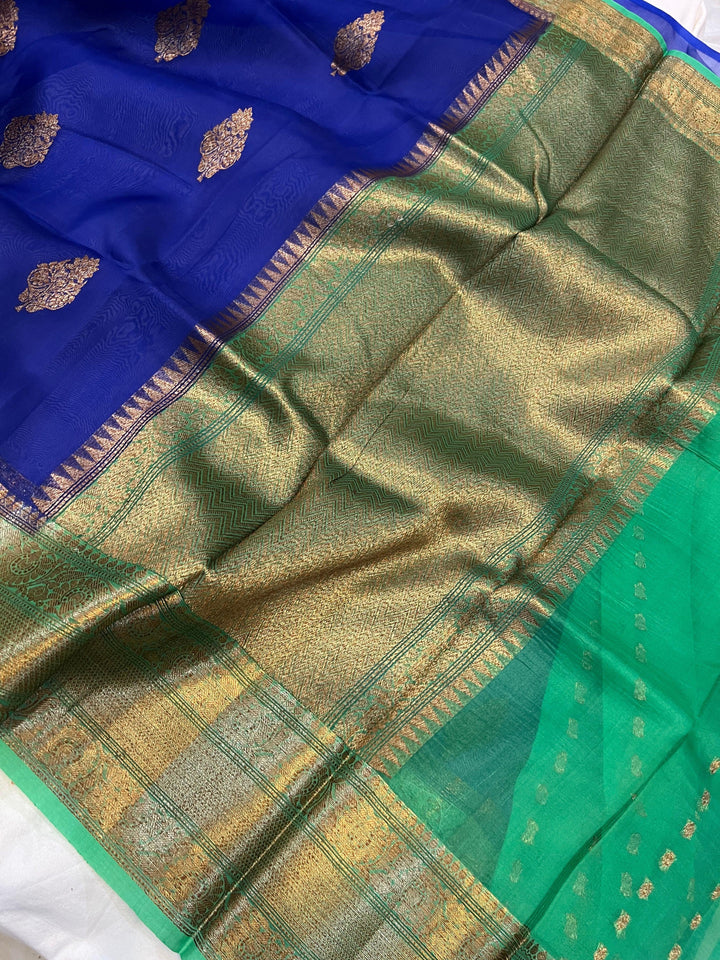 Royal Blue Banarasi Handloom Kora Silk Saree - Aura Benaras