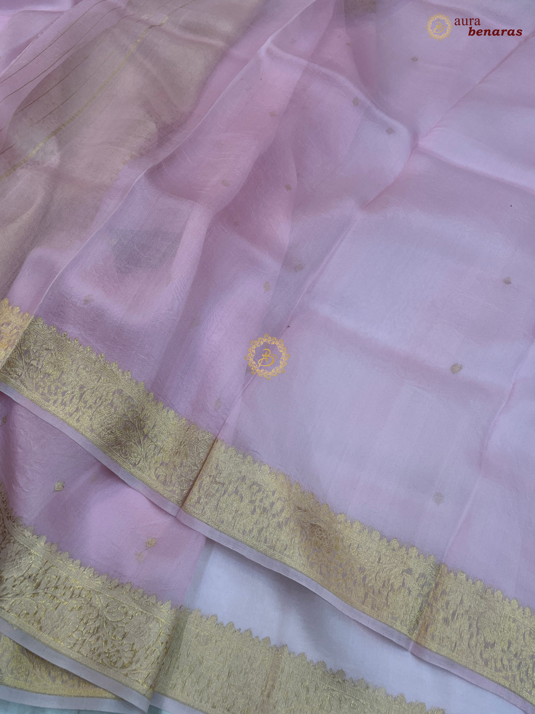 Baby Pink Pure Kora Silk Banarasi Saree with Zari Butis & Border