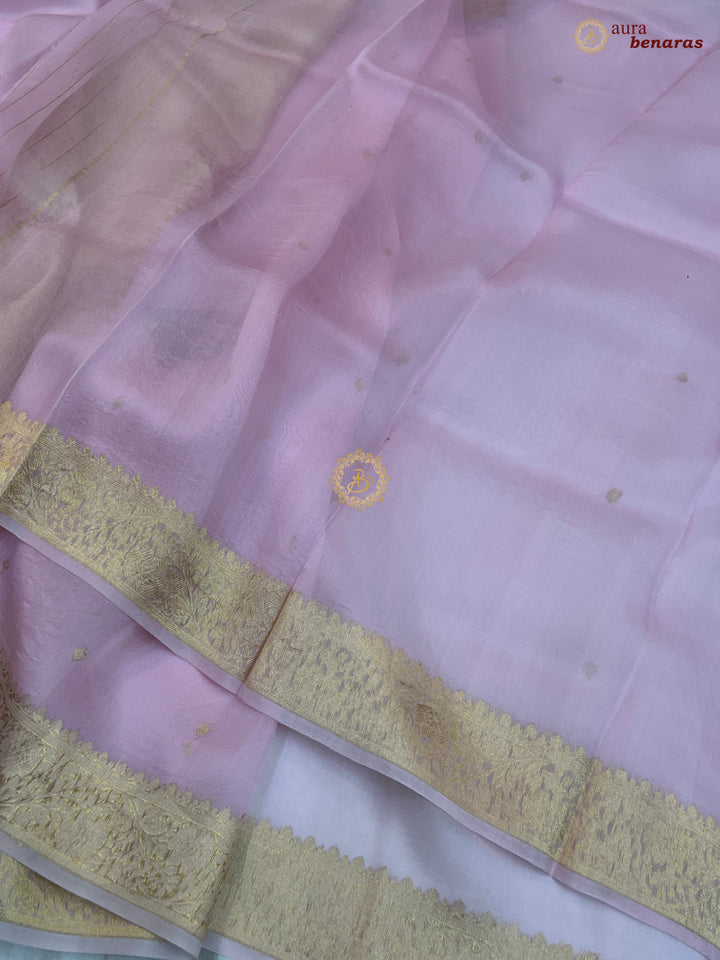 Baby Pink Pure Kora Silk Banarasi Saree with Zari Butis & Border