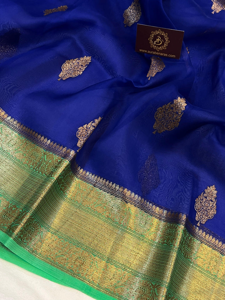Royal Blue Banarasi Handloom Kora Silk Saree - Aura Benaras