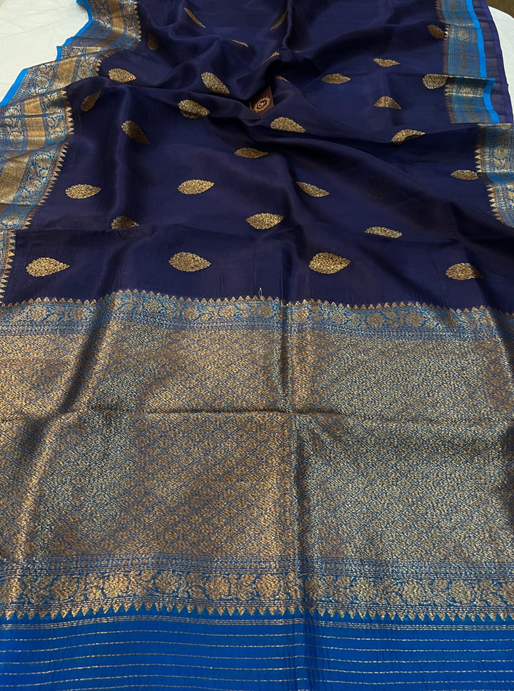 Navy Blue Banarasi Handloom Kora Silk Saree - Aura Benaras