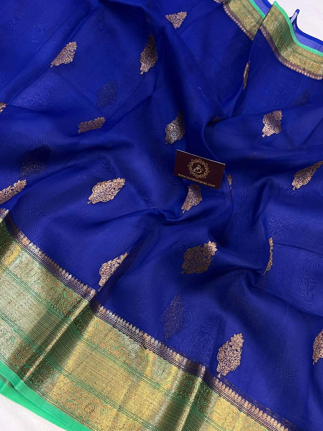 Royal Blue Banarasi Handloom Kora Silk Saree - Aura Benaras