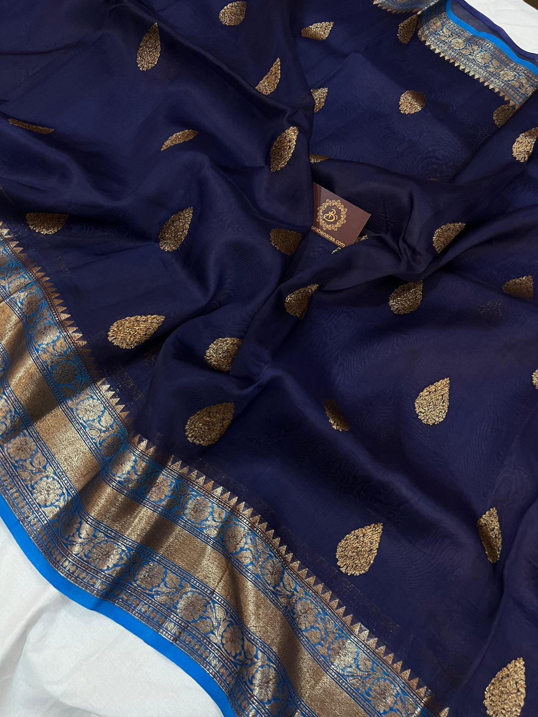 Navy Blue Banarasi Handloom Kora Silk Saree - Aura Benaras