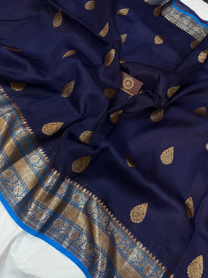 Navy Blue Banarasi Handloom Kora Silk Saree - Aura Benaras