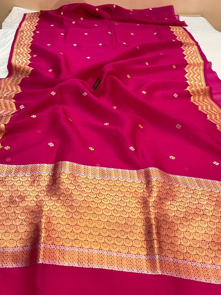 Rani Pink Pure Kora Silk Handloom Banarasi Saree