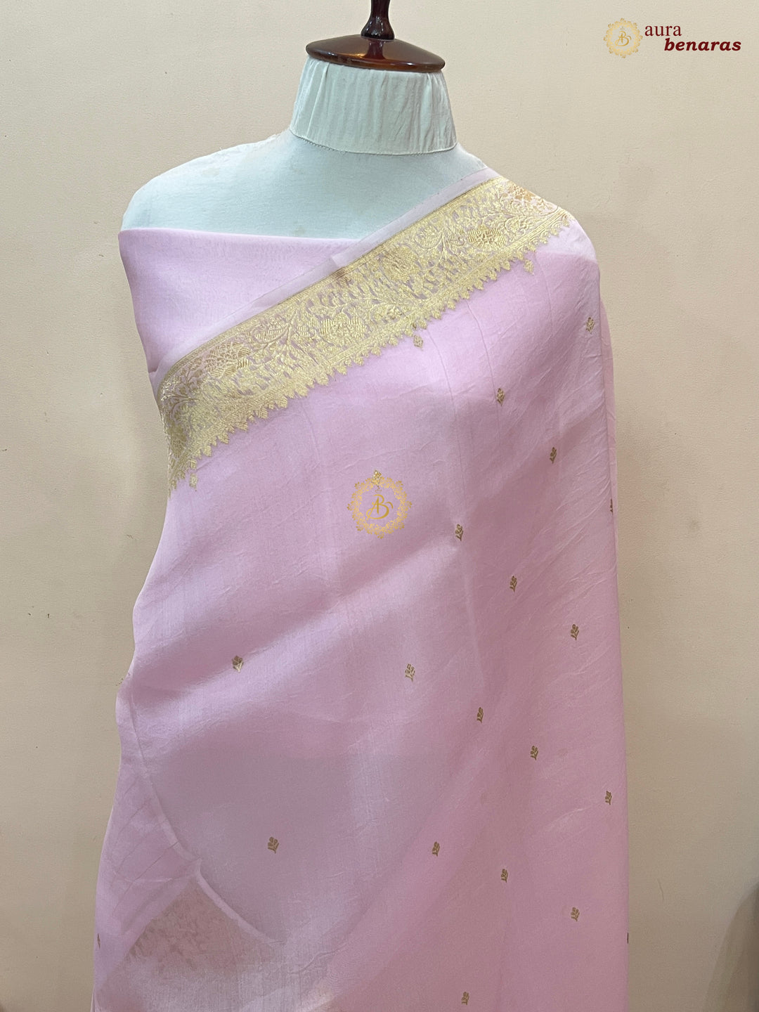 Baby Pink Pure Kora Silk Banarasi Saree with Zari Butis & Border