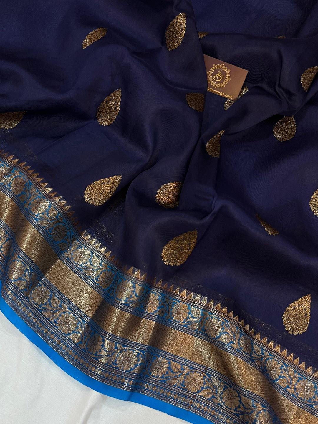 Navy Blue Banarasi Handloom Kora Silk Saree - Aura Benaras