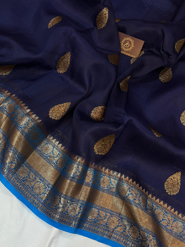 Navy Blue Banarasi Handloom Kora Silk Saree - Aura Benaras