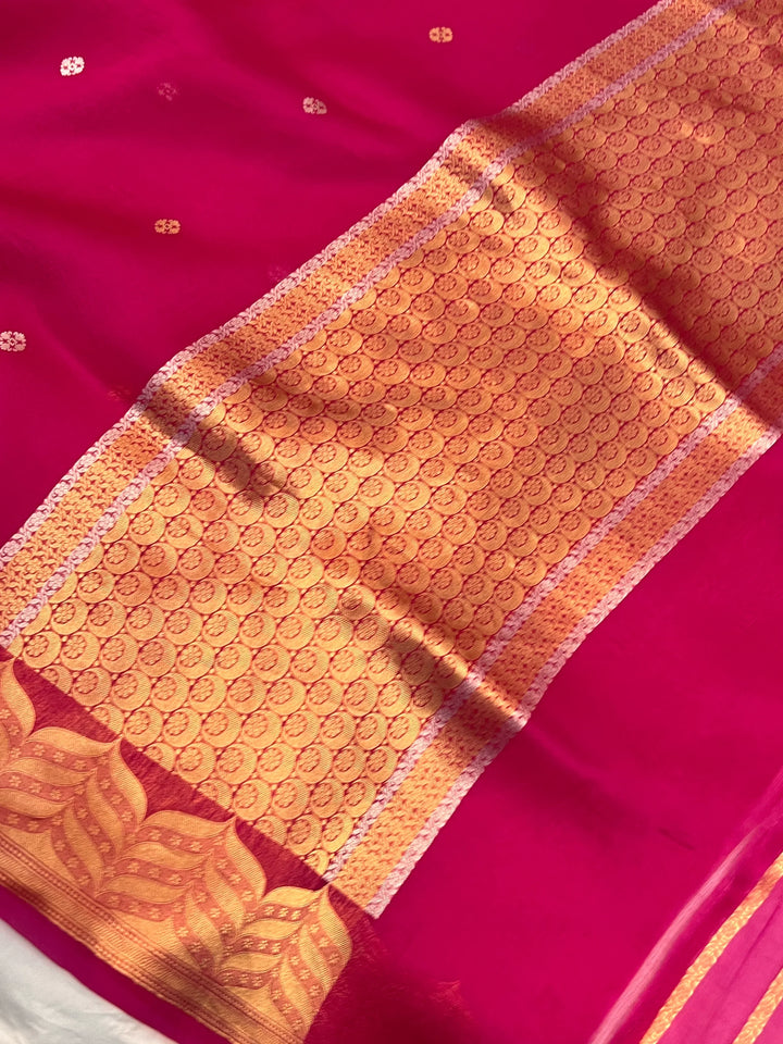 Rani Pink Pure Kora Silk Handloom Banarasi Saree