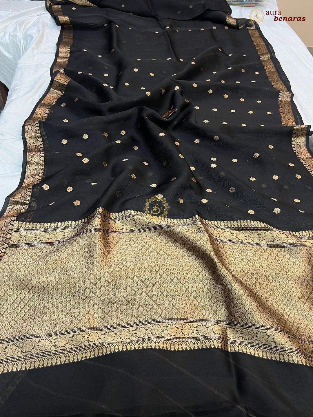Black Handloom Banarasi Saree with Kadhwa Golden Zari Motifs