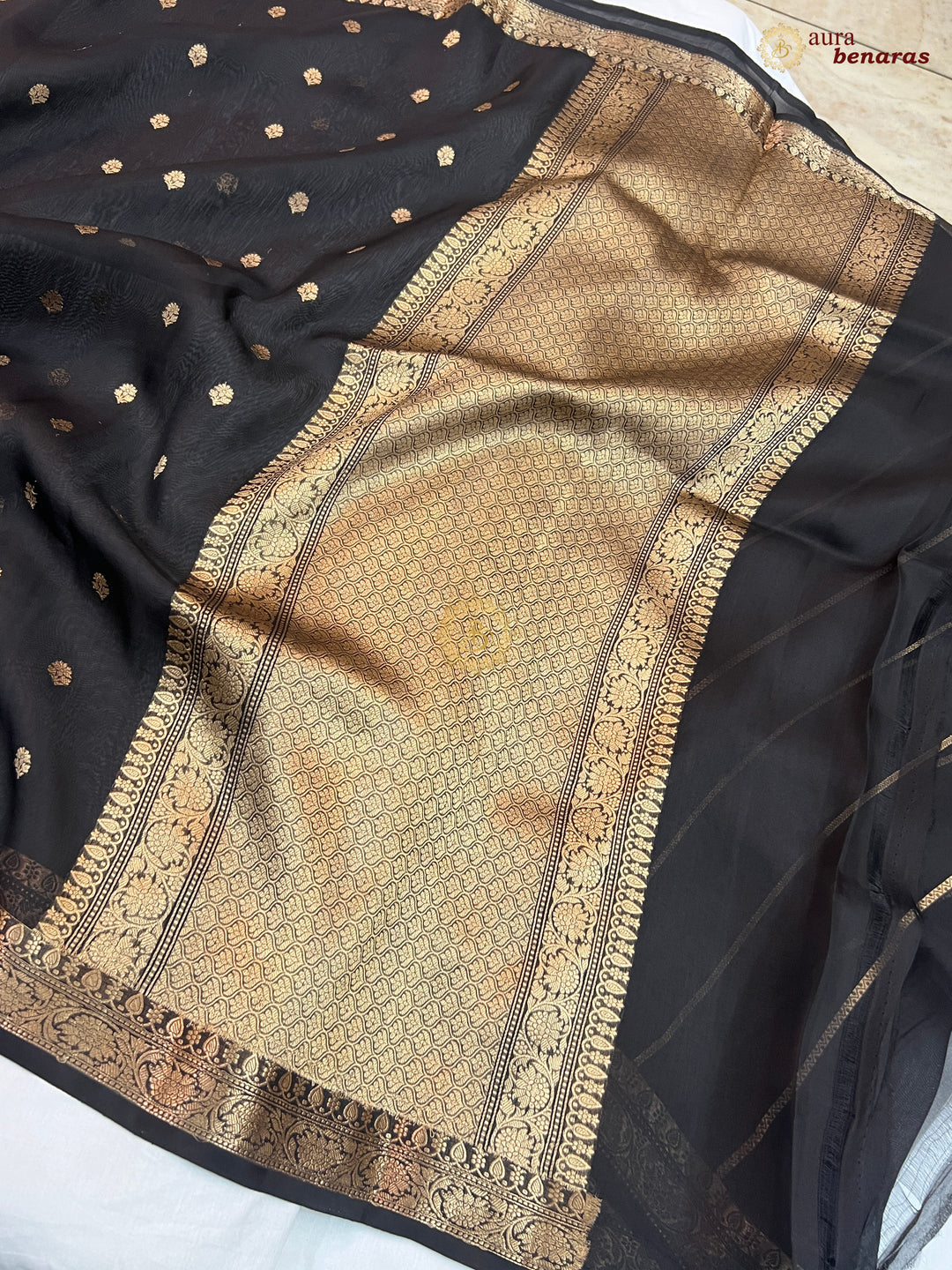 Black Handloom Banarasi Saree with Kadhwa Golden Zari Motifs