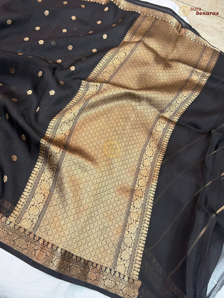 Black Handloom Banarasi Saree with Kadhwa Golden Zari Motifs