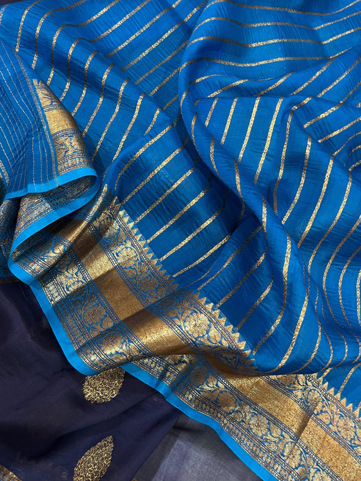 Navy Blue Banarasi Handloom Kora Silk Saree - Aura Benaras