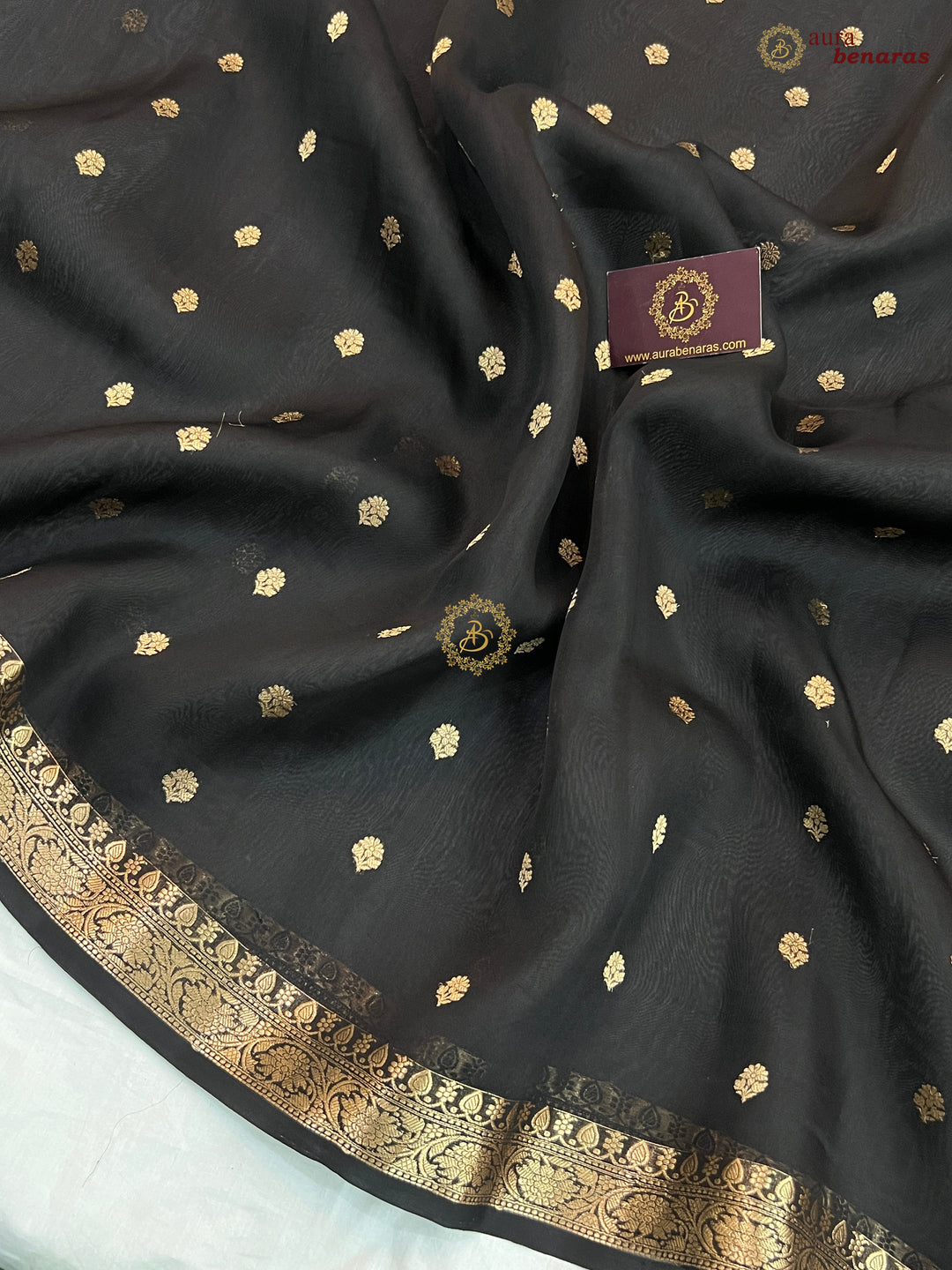 Black Handloom Banarasi Saree with Kadhwa Golden Zari Motifs