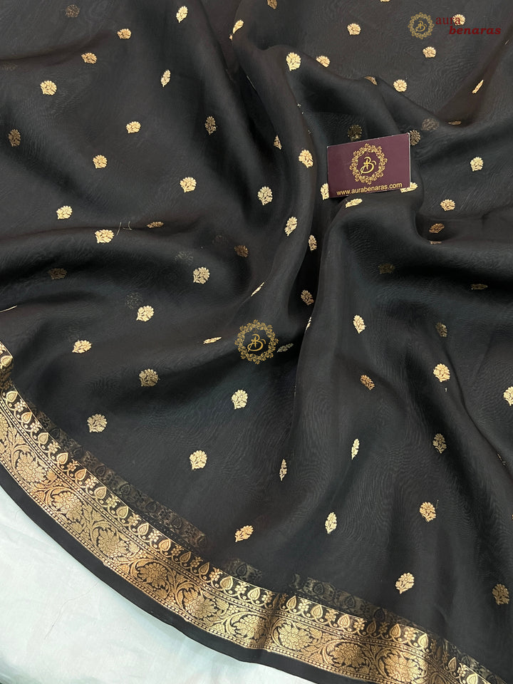 Black Handloom Banarasi Saree with Kadhwa Golden Zari Motifs