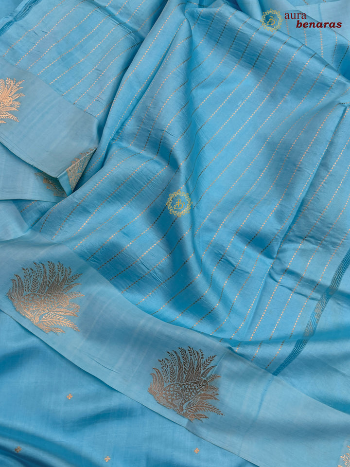 Sky Blue Pure Katan Silk Banarasi Saree Kadhwa Leopard Motifs