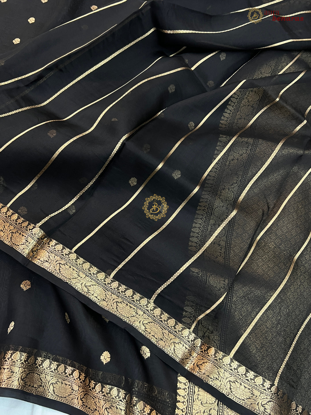 Black Handloom Banarasi Saree with Kadhwa Golden Zari Motifs