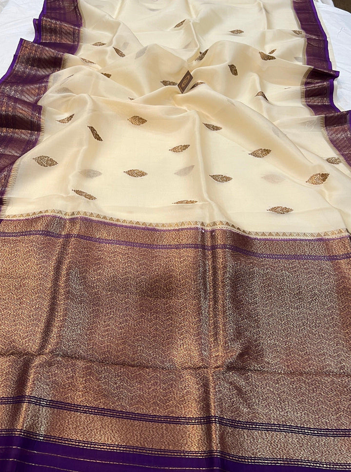 Cream Banarasi Handloom Kora Silk Saree - Aura Benaras
