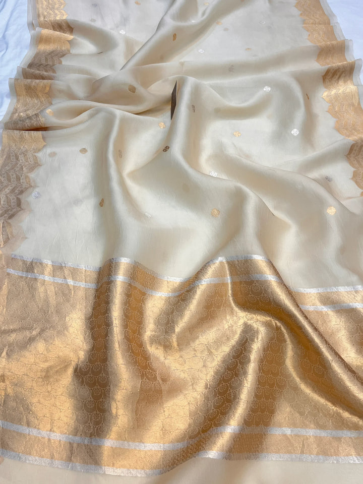 Cream Pure Kora Silk Handloom Banarasi Saree