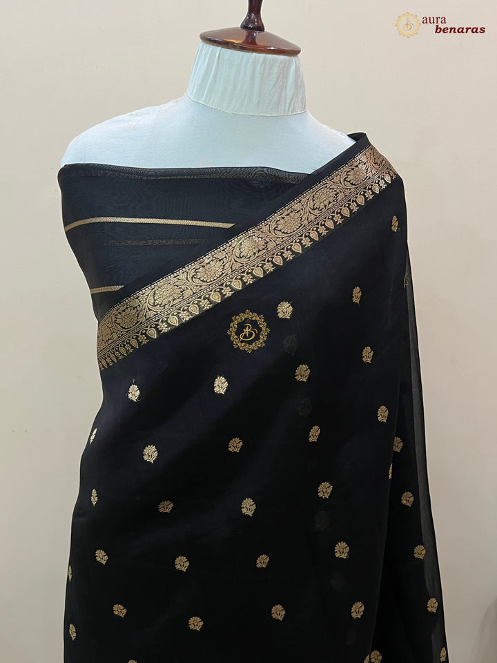 Black Handloom Banarasi Saree with Kadhwa Golden Zari Motifs
