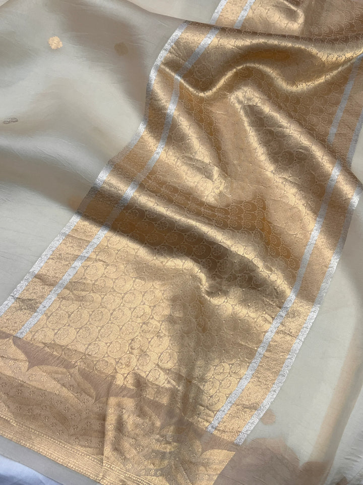 Cream Pure Kora Silk Handloom Banarasi Saree