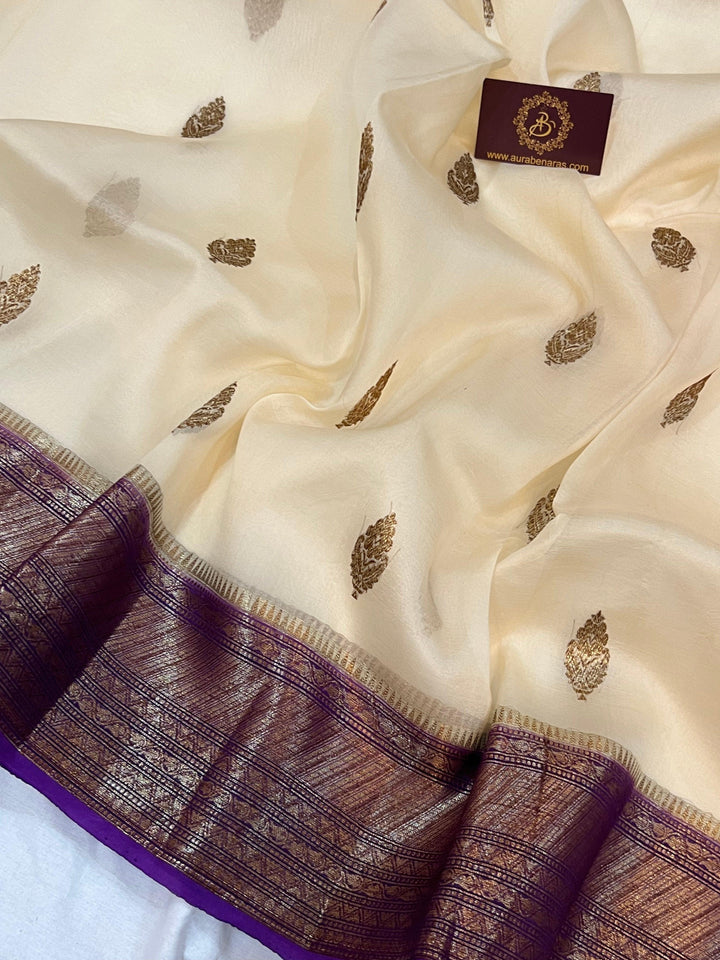 Cream Banarasi Handloom Kora Silk Saree - Aura Benaras