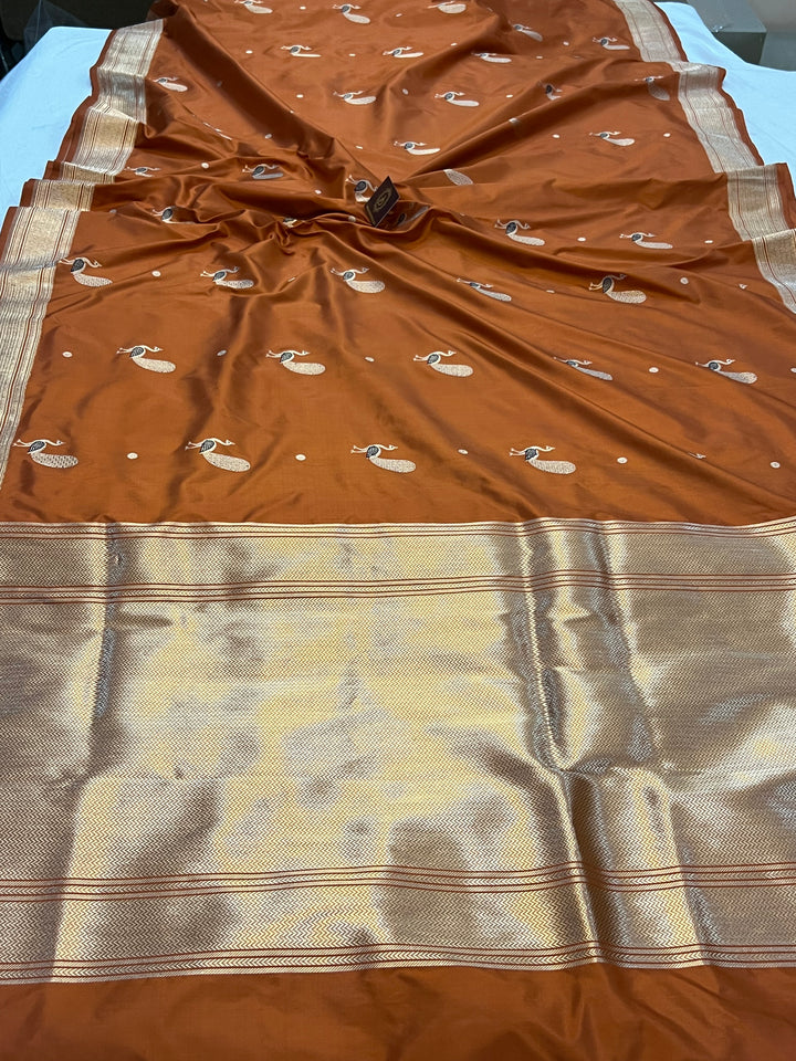 Buy Rust Orange Banarasi Handloom Katan Silk Saree | Aura Benaras